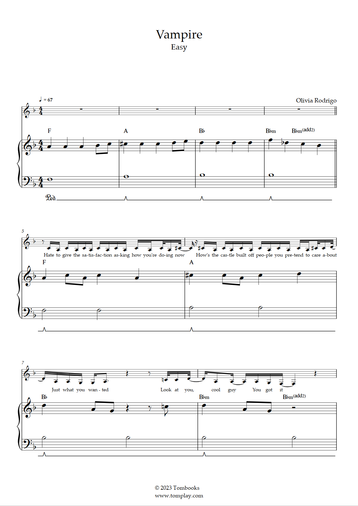 Vampire Easy Level Solo Piano Olivia Rodrigo Piano Sheet Music