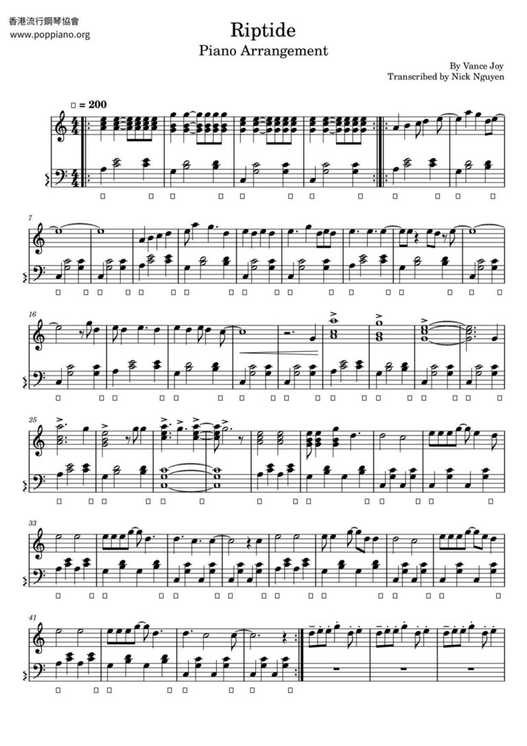  Vance Joy Riptide Sheet Music Pdf Free Score Download 