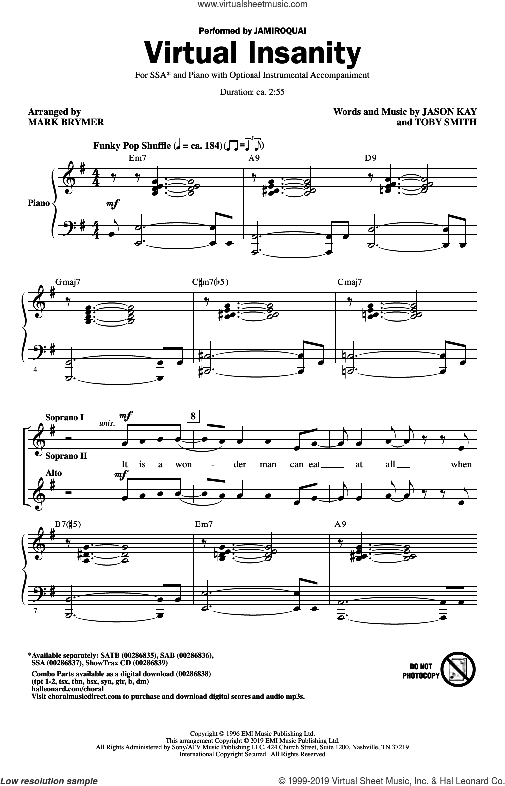 Virtual Insanity arr Mark Brymer Sheet Music For Choir SSA Soprano Alto 