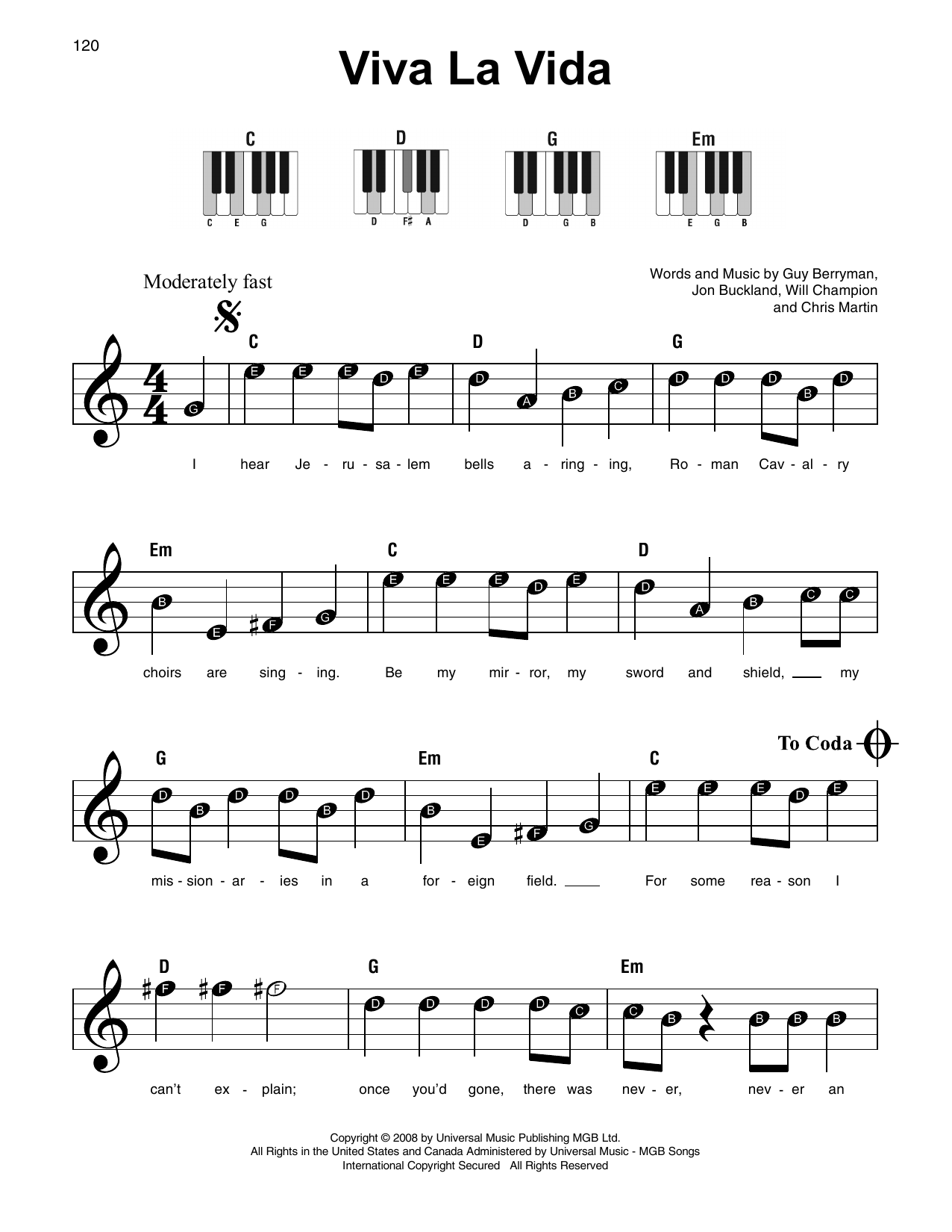 Viva La Vida By Coldplay Sheet Music For Super Easy Piano At Sheet Music Direct