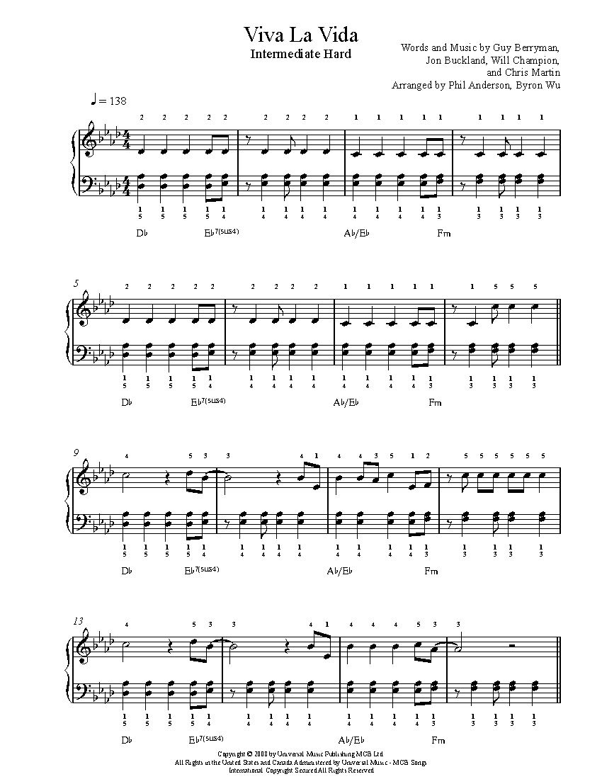 Viva La Vida By Coldplay Sheet Music Lesson Intermediate Level