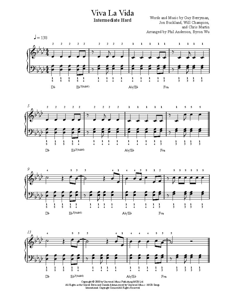 Viva La Vida By Coldplay Sheet Music Lesson Intermediate Level