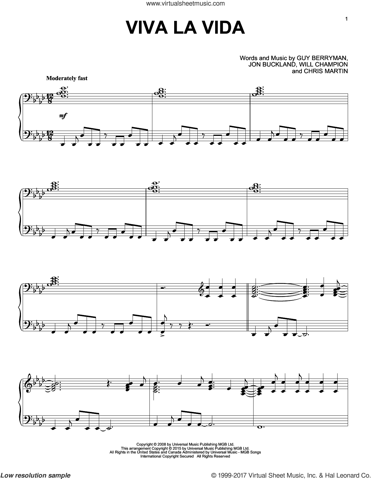 viva la vida piano sheet music