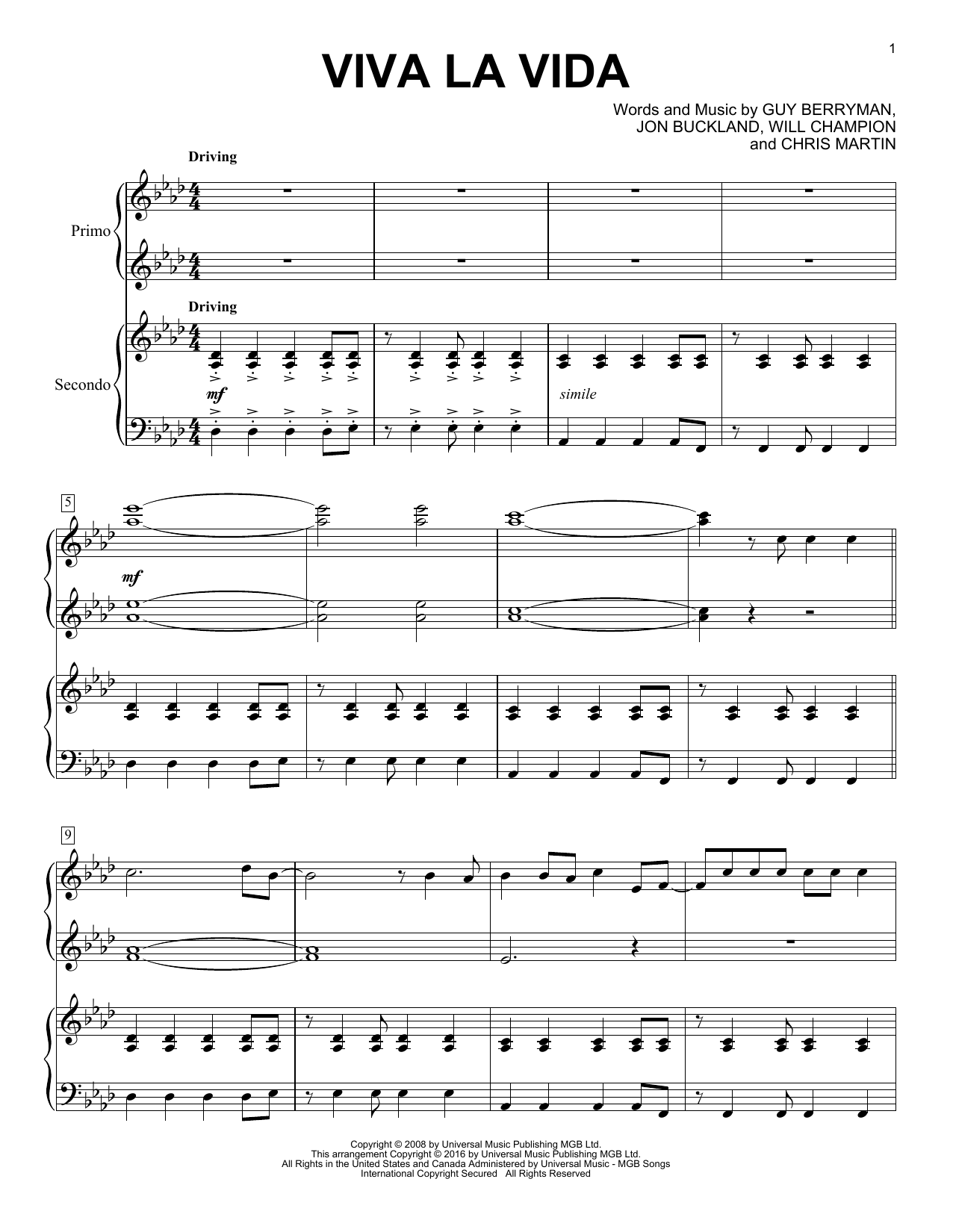 coldplay viva la vida piano sheet music