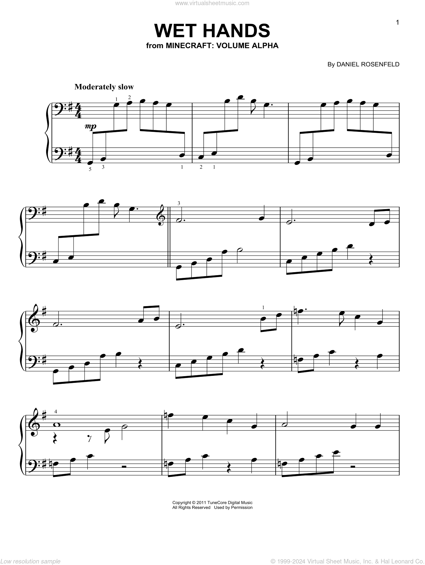 Wet Hands from Minecraft easy Sheet Music For Piano Solo