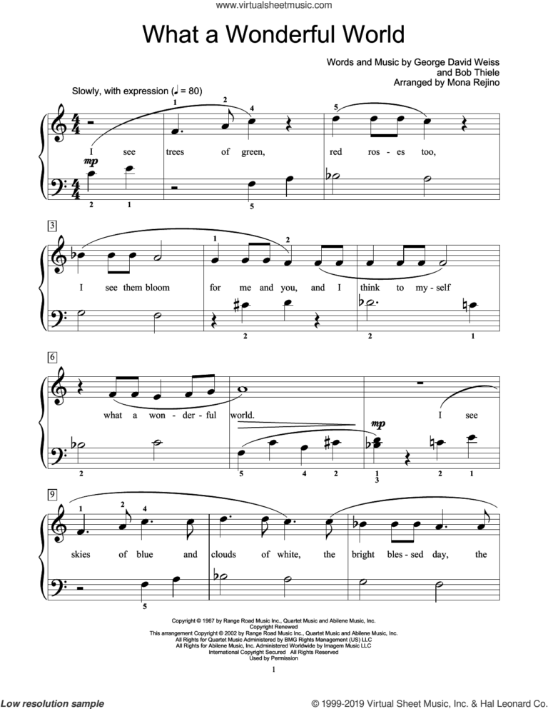 What A Wonderful World arr Mona Rejino Sheet Music beginner arr Mona Rejino For Piano Solo elementary 