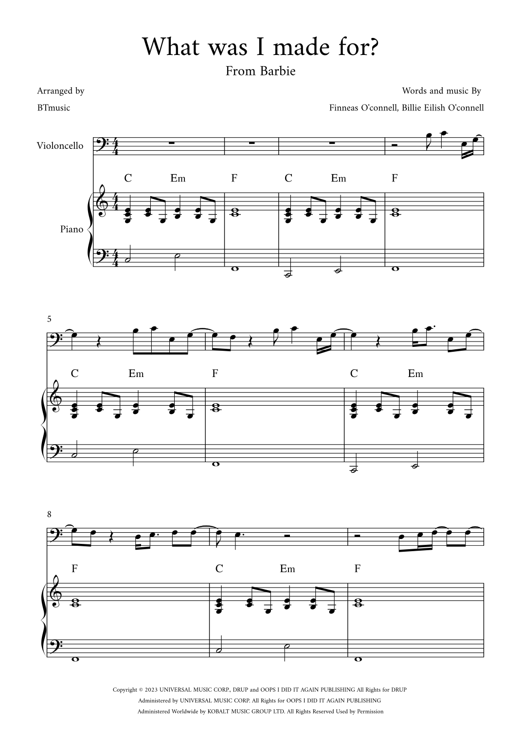 What Was I Made For arr BTmusic By Billie Eilish Sheet Music For Cello And Piano At Sheet Music Direct What Was I Made For arr BTmusic By Billie Eilish Sheet Music For Cello And Piano At Sheet Music Direct