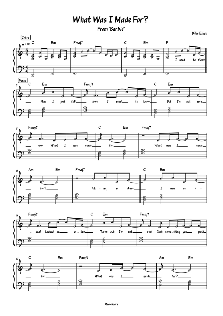 What Was I Made For Billie Eilish Easy Piano Meowscore s Ko fi Shop What Was I Made For Billie Eilish Easy Piano Meowscore s Ko fi Shop