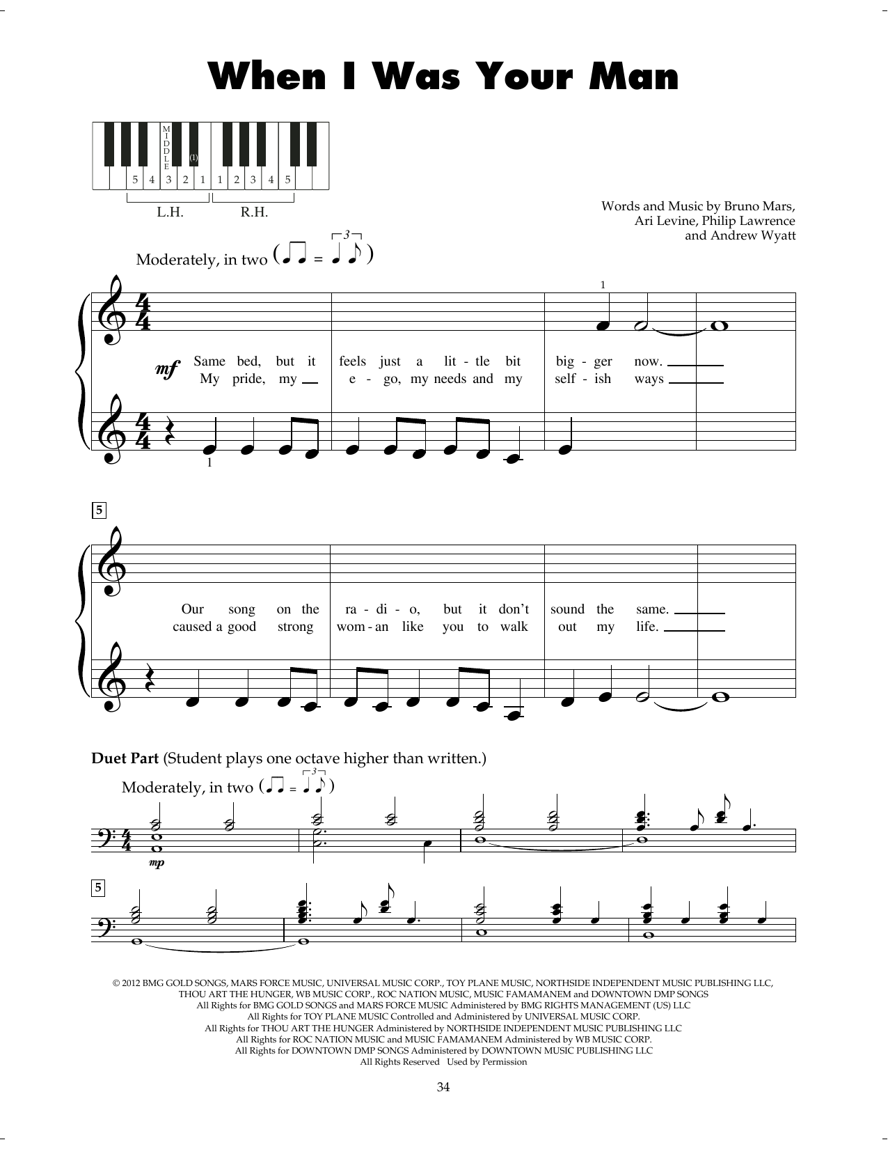 When I Was Your Man By Bruno Mars Sheet Music For 5 Finger Piano At Sheet Music Direct When I Was Your Man By Bruno Mars Sheet Music For 5 Finger Piano At Sheet Music Direct