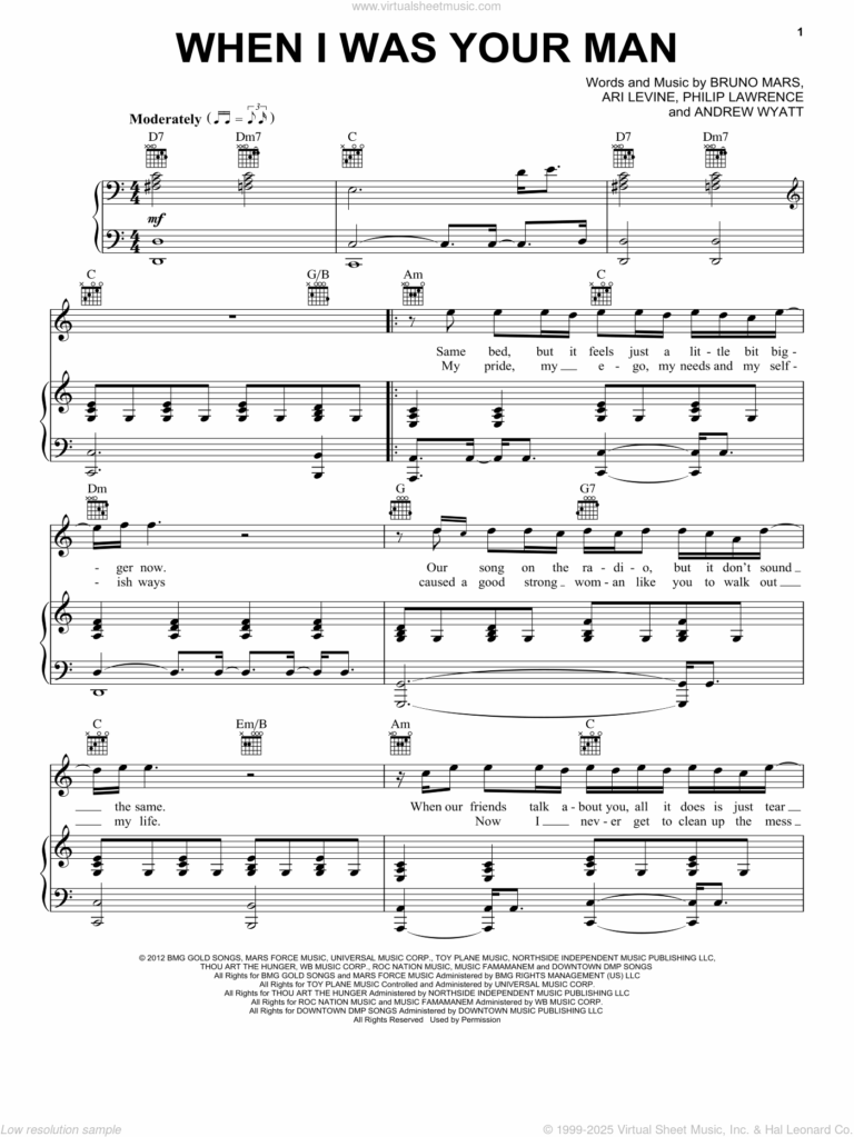 When I Was Your Man Sheet Music For Voice Piano Or Guitar V2