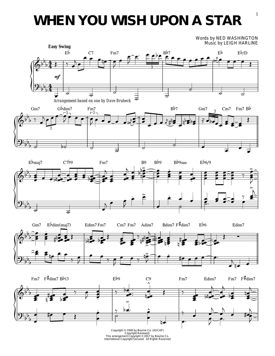 When You Wish Upon A Star Jazz Version from Pinocchio By Dave Brubeck Piano Solo Digital Sheet Music Sheet Music Plus