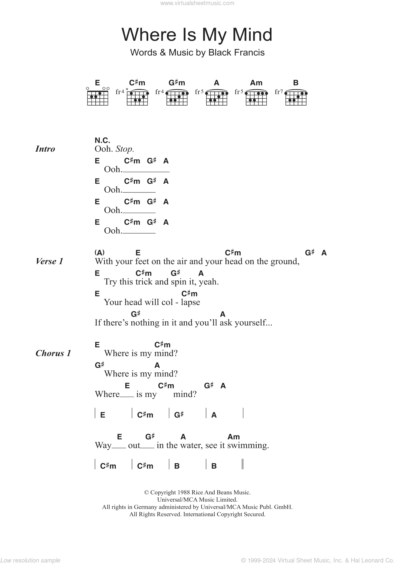Where Is My Mind Sheet Music For Guitar chords PDF 