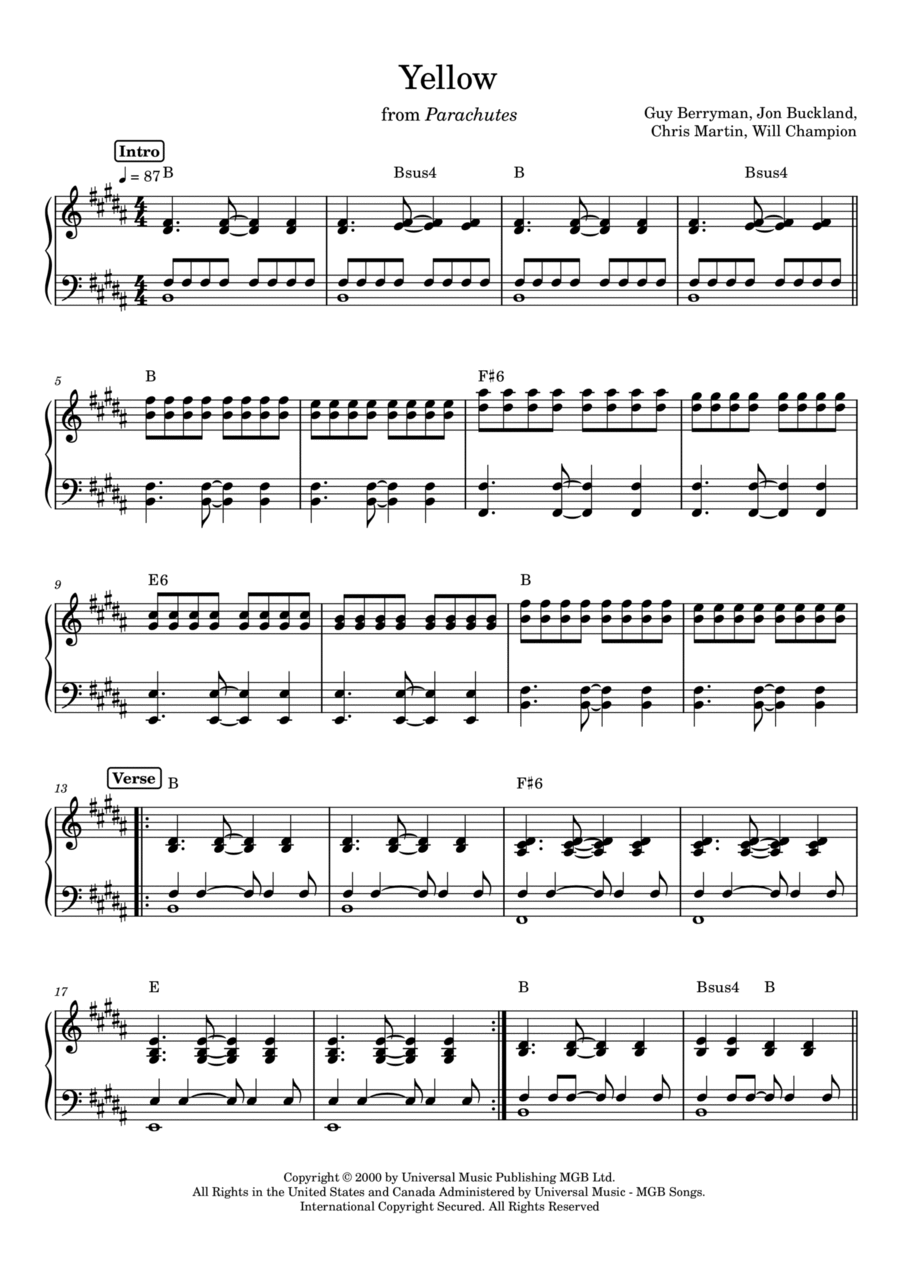 Yellow arr Anacrusa By Coldplay Sheet Music For Piano Vocal At Sheet Music Direct