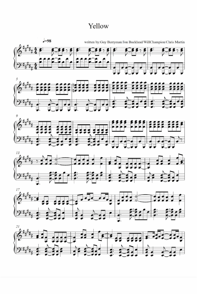 Yellow arr Coldplay By Coldplay Sheet Music For Piano Solo At Sheet Music Direct