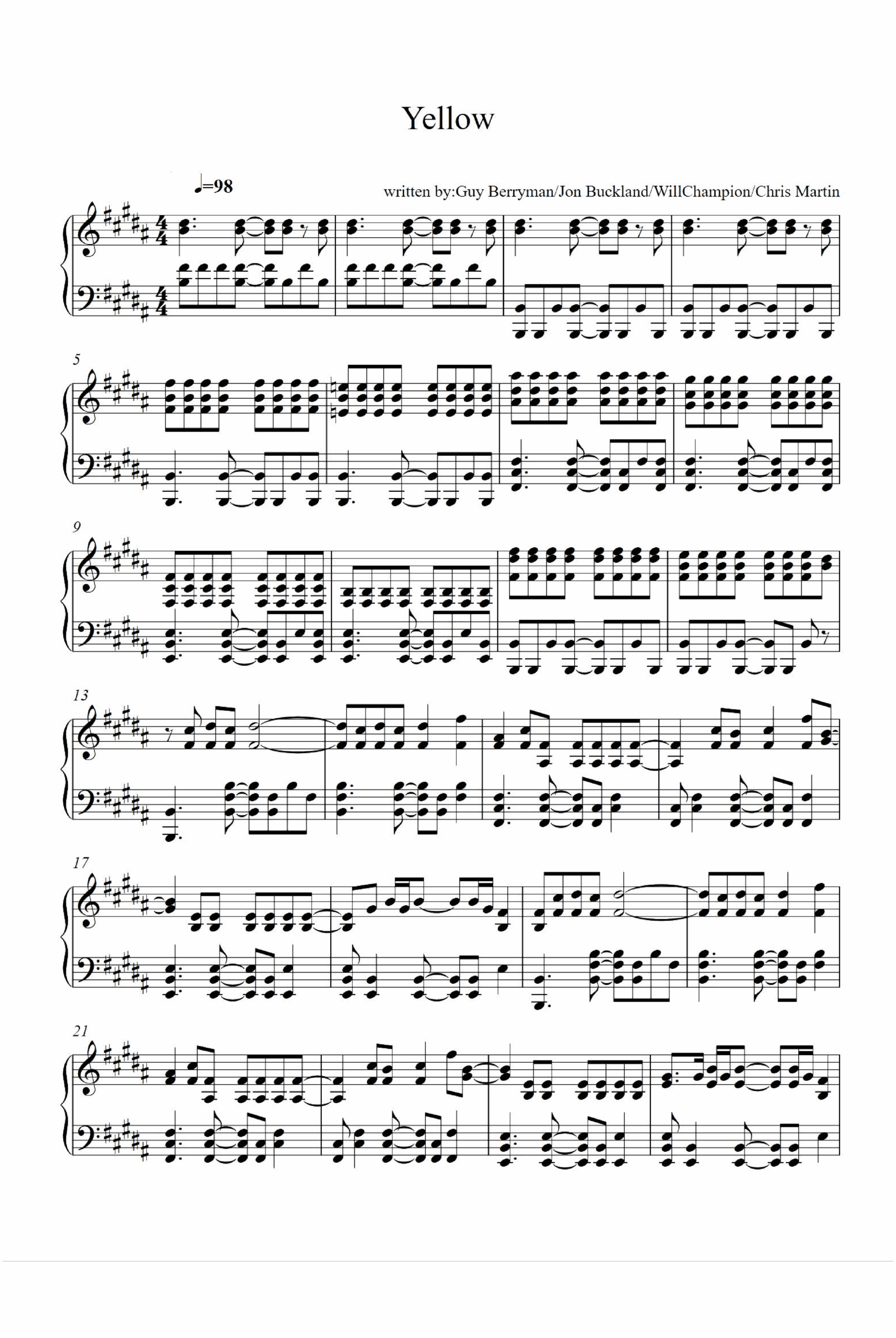 Yellow arr Coldplay By Coldplay Sheet Music For Piano Solo At Sheet Music Direct