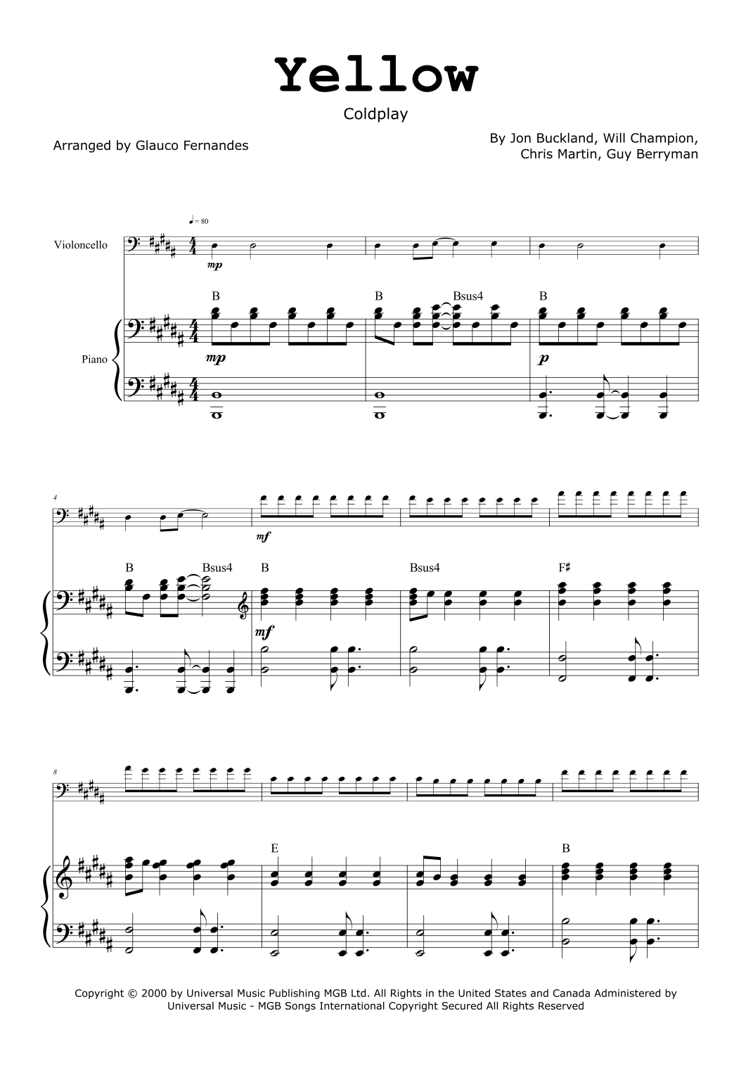Yellow arr Glauco Fernandes By Coldplay Sheet Music For Cello And Piano At Sheet Music Direct