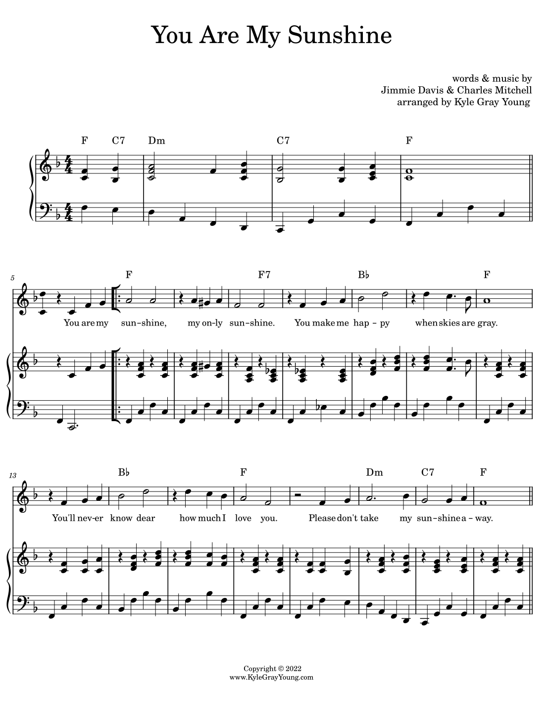 You Are My Sunshine key Of F arr Kyle Gray Young By Jimmie Davis Sheet Music For Piano Vocal Guitar Chords At Sheet Music Direct You Are My Sunshine key Of F arr Kyle Gray Young By Jimmie Davis Sheet Music For Piano Vocal Guitar Chords At Sheet Music Direct