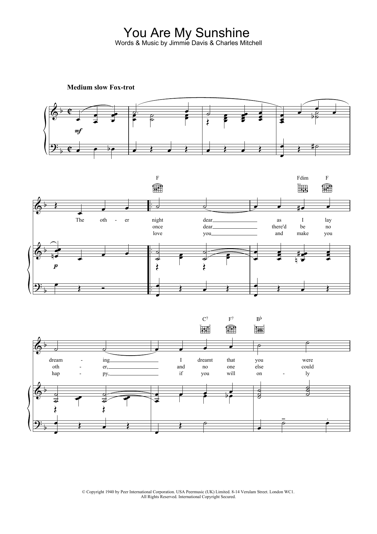 piano sheet music for you are my sunshine