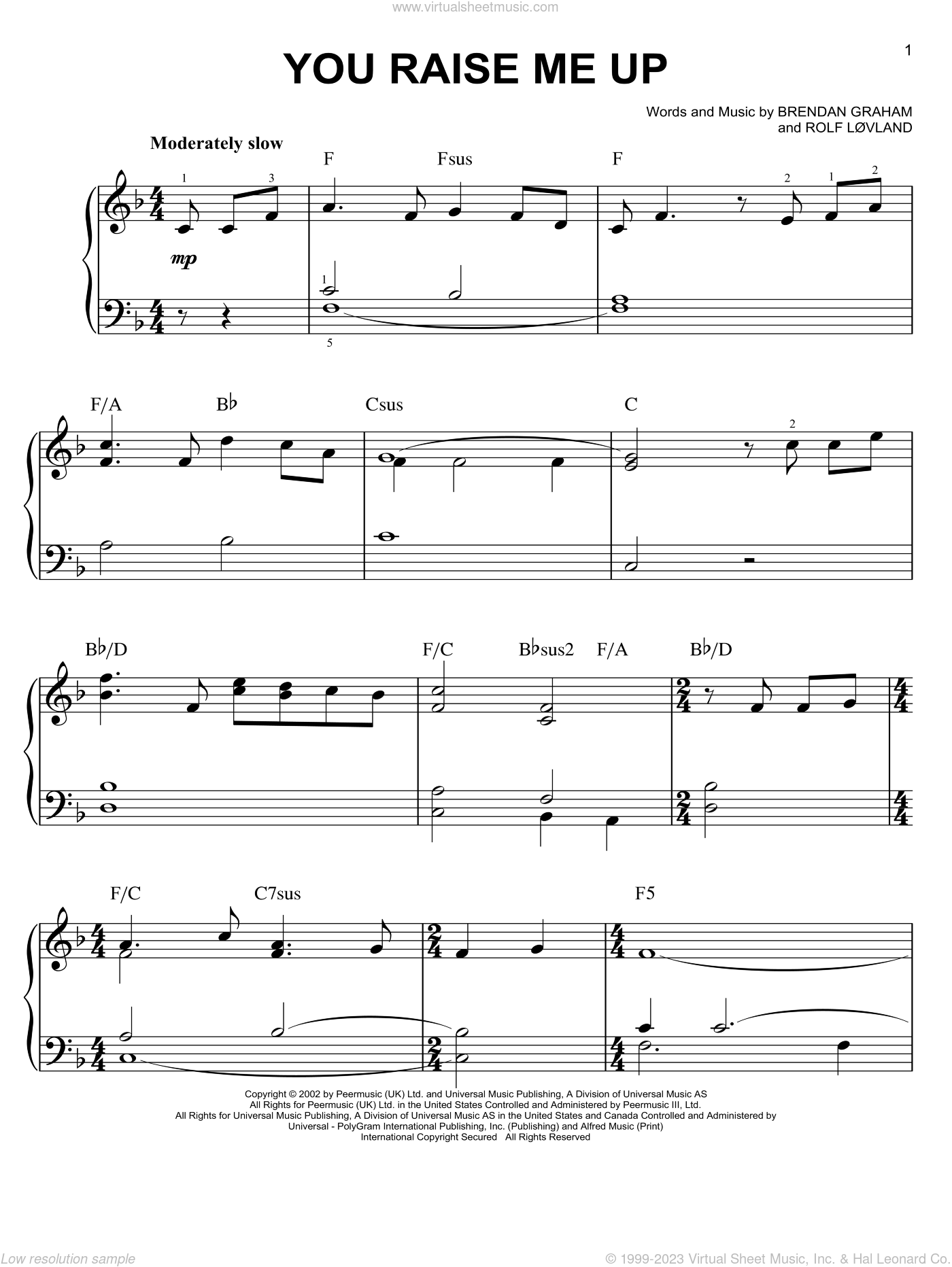 You Raise Me Up easy Sheet Music For Piano Solo PDF 
