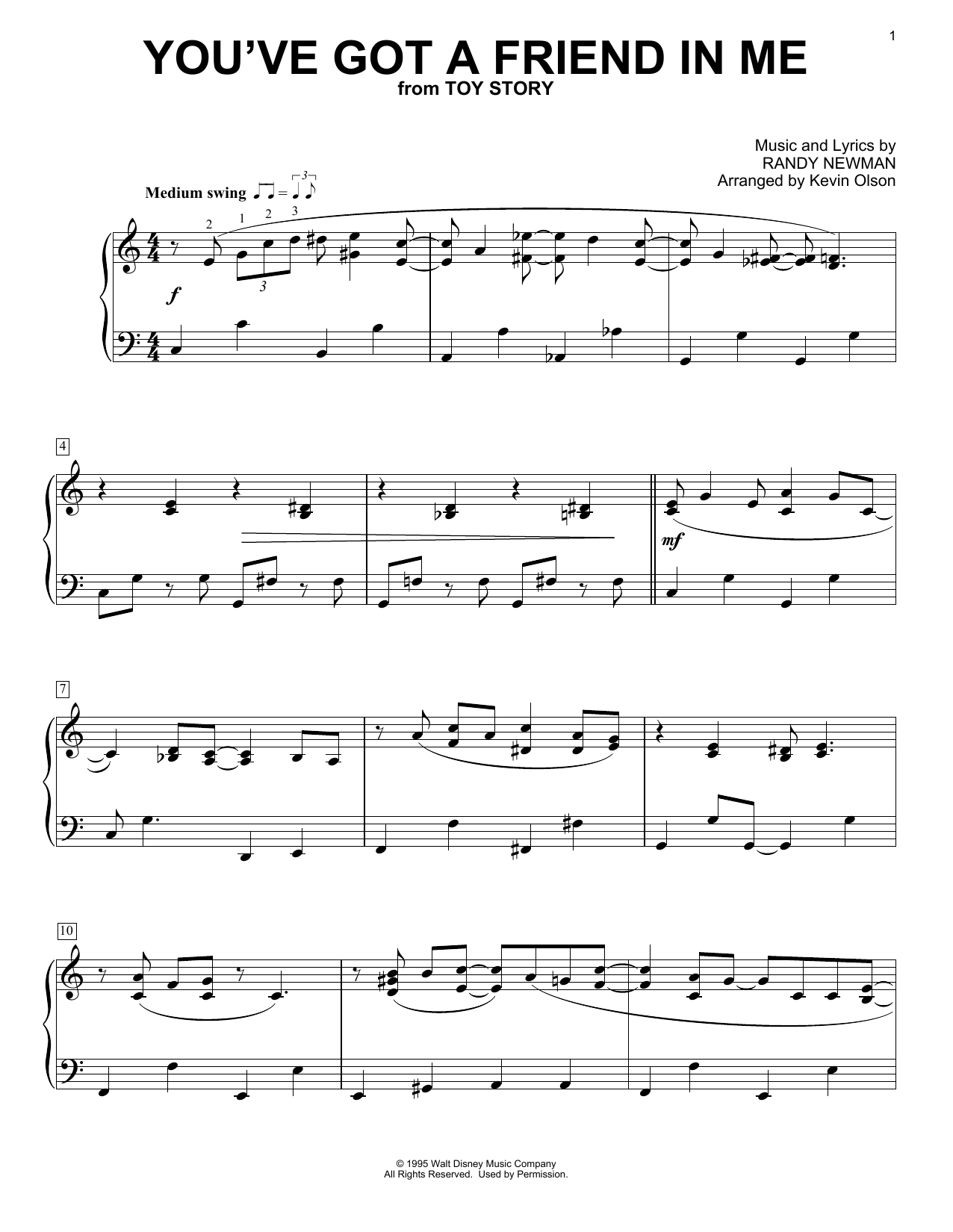 You ve Got A Friend In Me from Toy Story arr Kevin Olson By Randy Newman Sheet Music For Easy Piano Solo At Sheet Music Direct