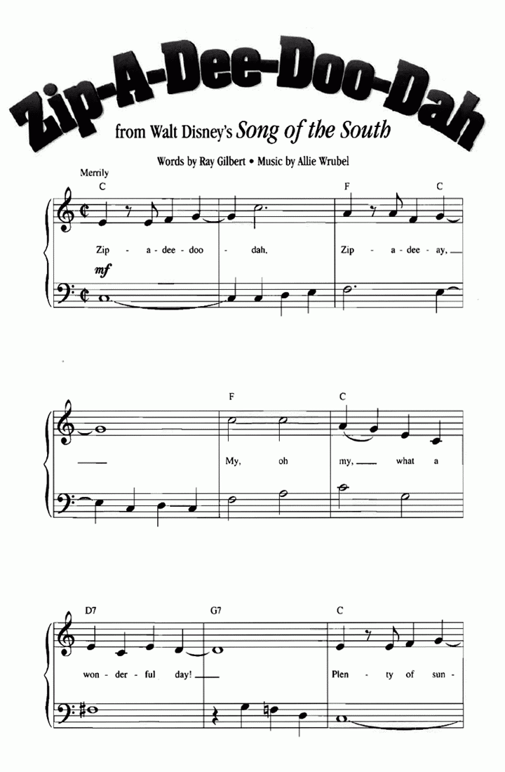 ZIP A DEE DOO DAH Easy Piano Sheet Music Easy Sheet Music