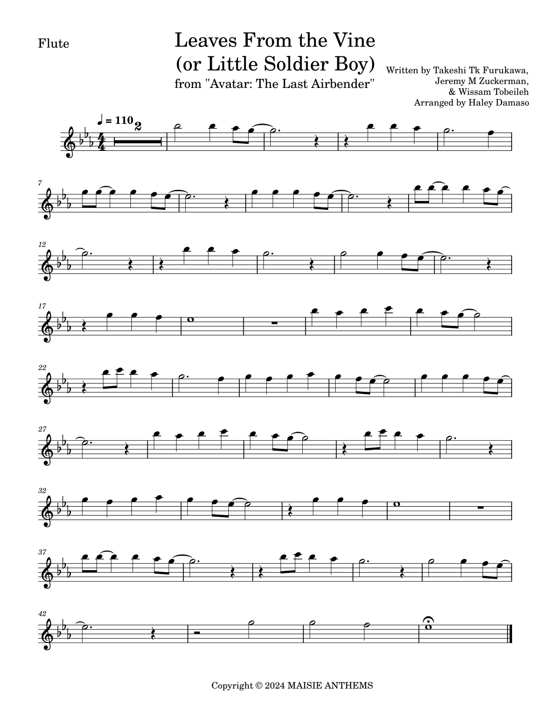 Zuko Motif Leaves From The Vine arr Haley Damaso By Takeshi Tk Furukawa Sheet Music For Flute And Piano At Sheet Music Direct